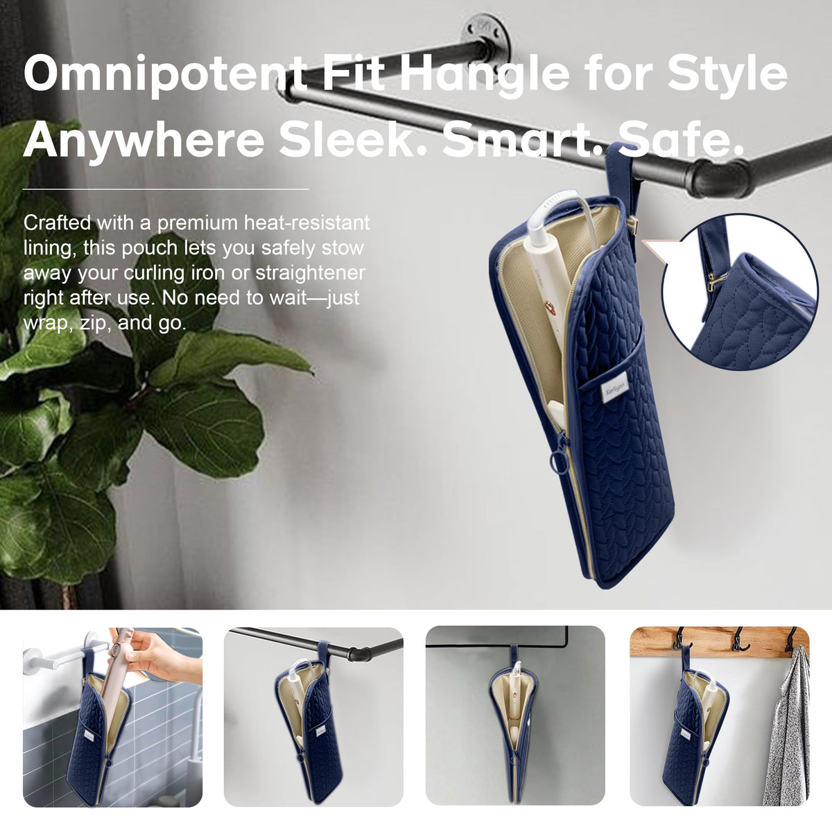KarSyon blue organizer hangs on towel rack for easy reach during styling.