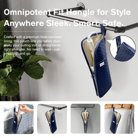 KarSyon blue organizer hangs on towel rack for easy reach during styling.