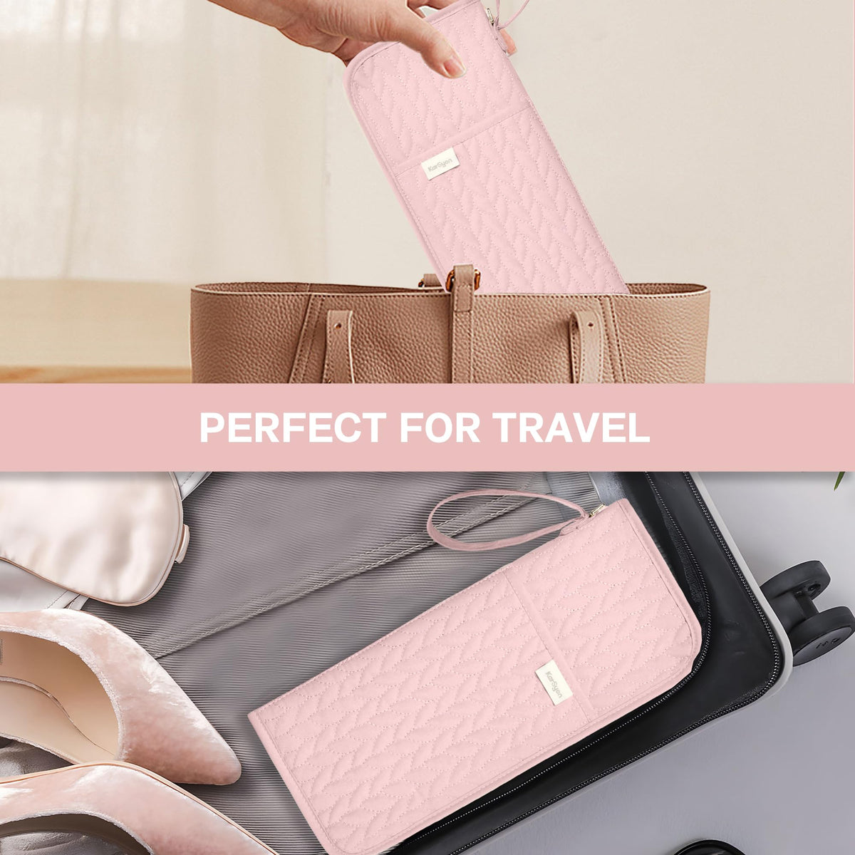 KarSyon lightweight travel hair tools bag in pink fits in backpacks and suitcases.