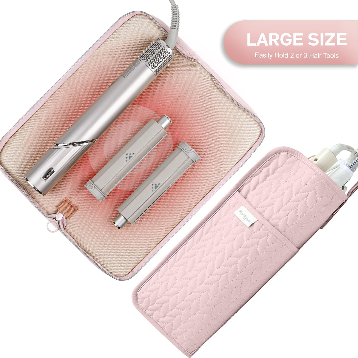 KarSyon travel case for hair tools in pink helps declutter countertops during styling.