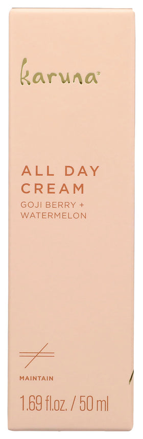 Karuna All Day Cream bottle close-up for hydrating glow.