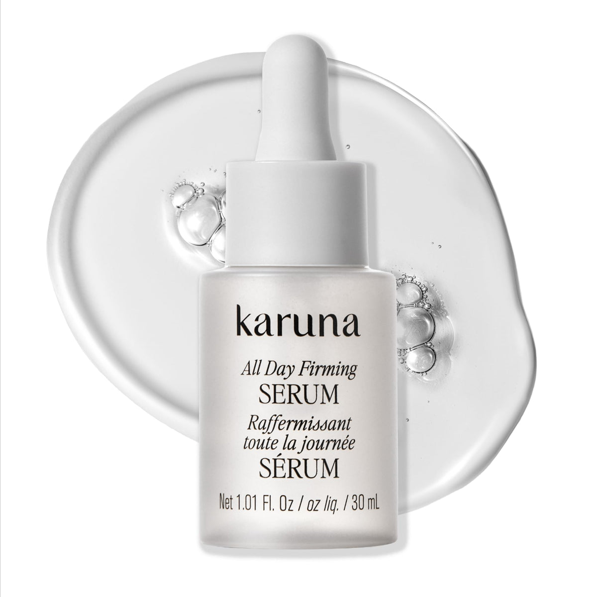 Karuna All Day Firming Serum bottle on a clean surface suggesting daily lightweight hydration and firming