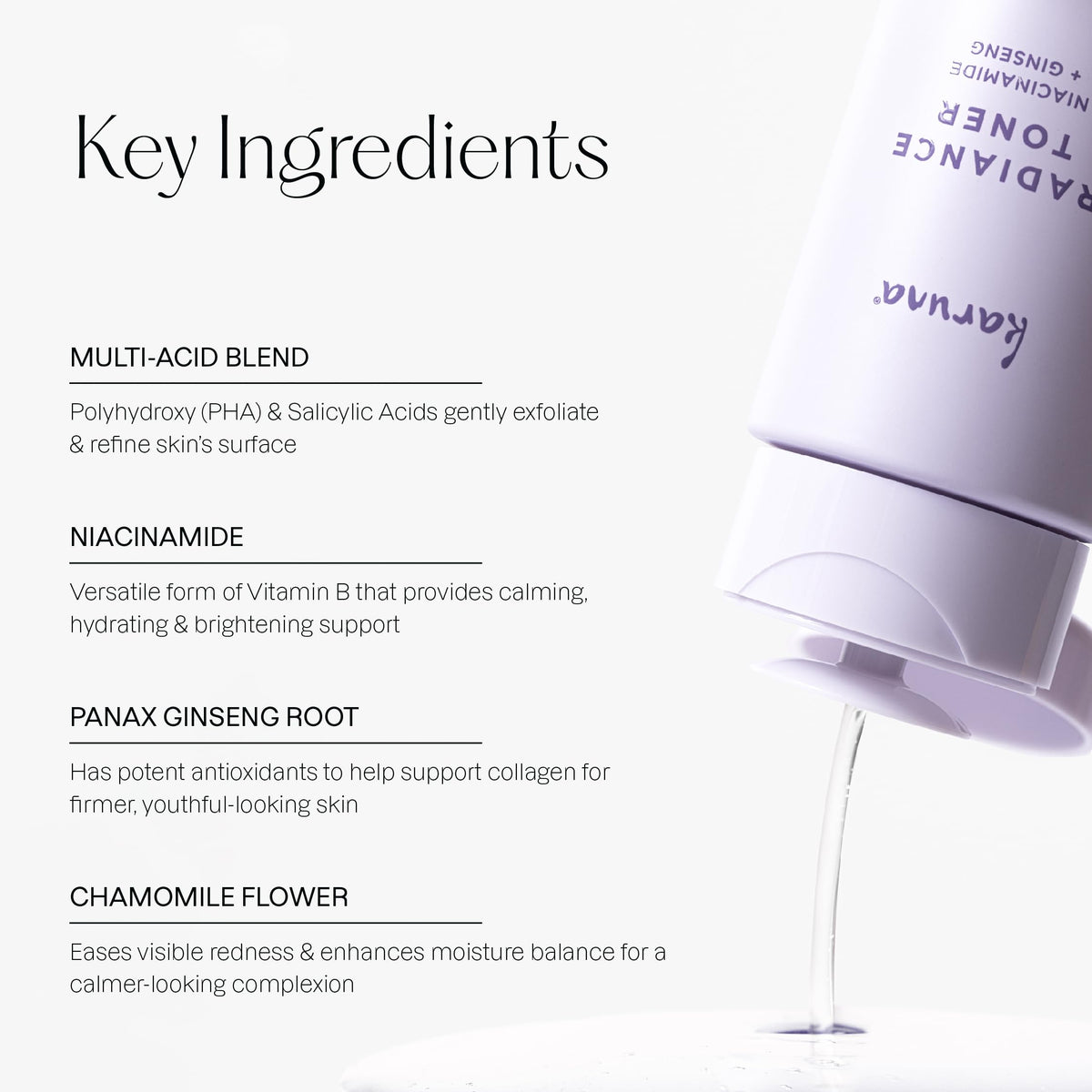 Karuna Hydrating Face Toner being applied to skin for smoother texture.