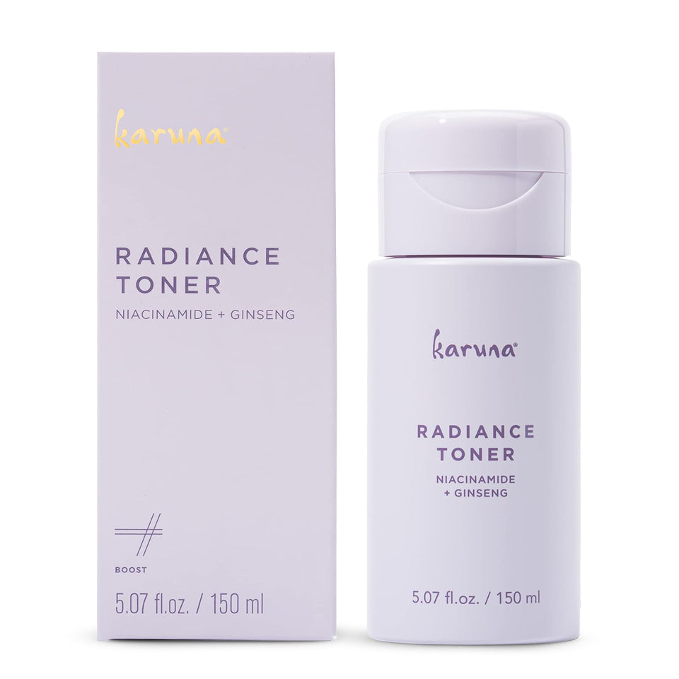 Karuna Hydrating Face Toner bottle close-up showing glow and hydration.