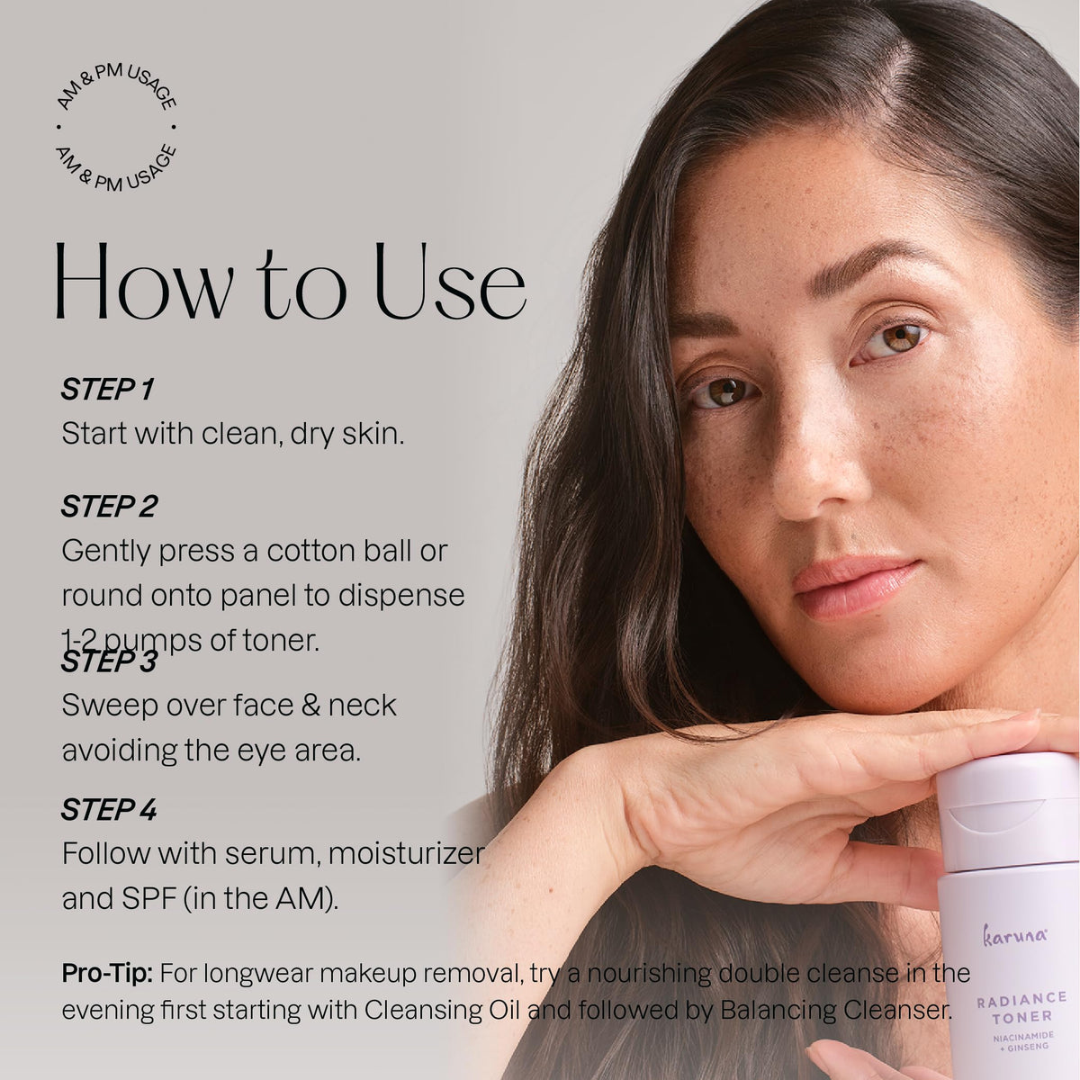 Karuna Hydrating Face Toner pump dispense highlighting clean beauty.
