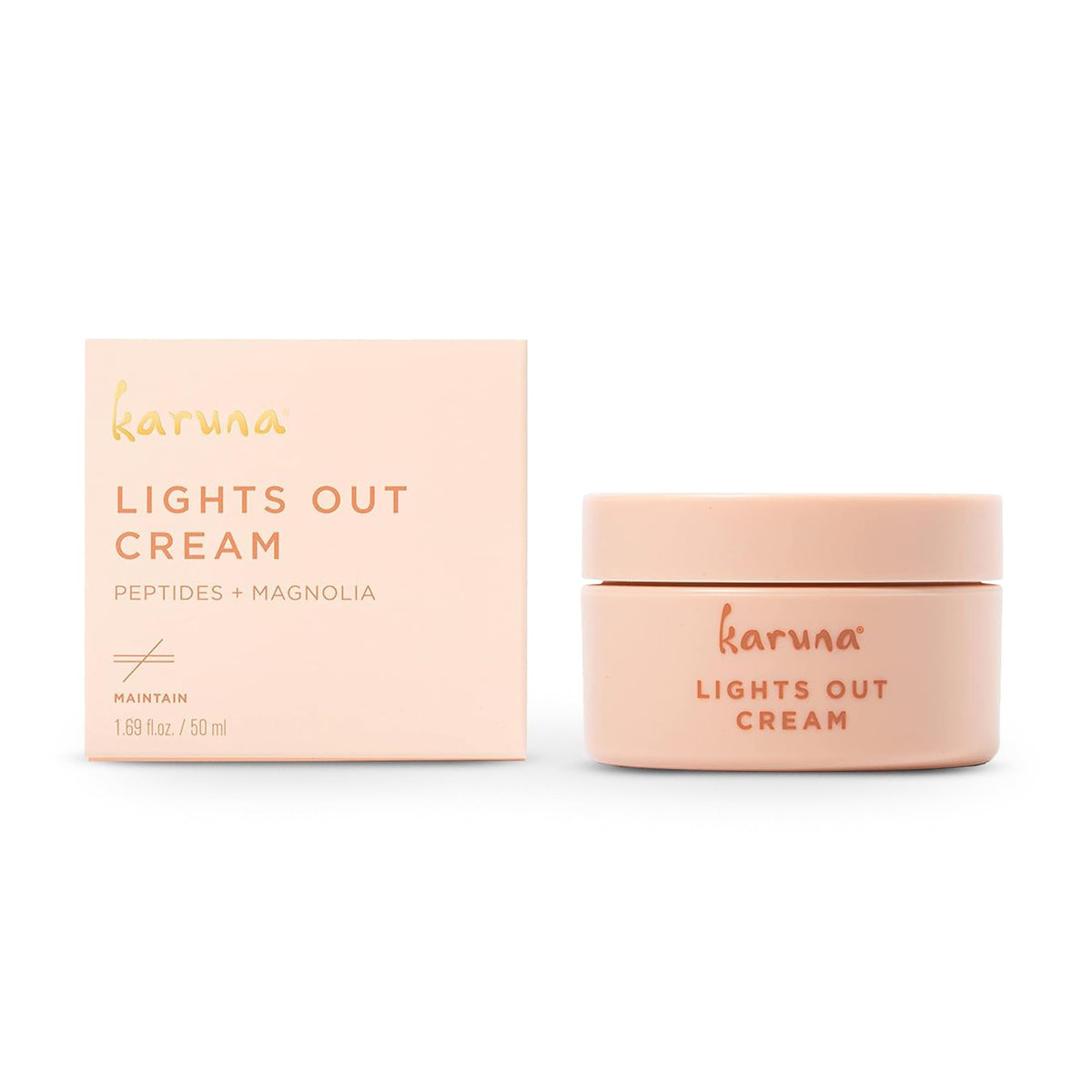 Karuna Lights Out Cream bottle pour promotes overnight hydration and balance.