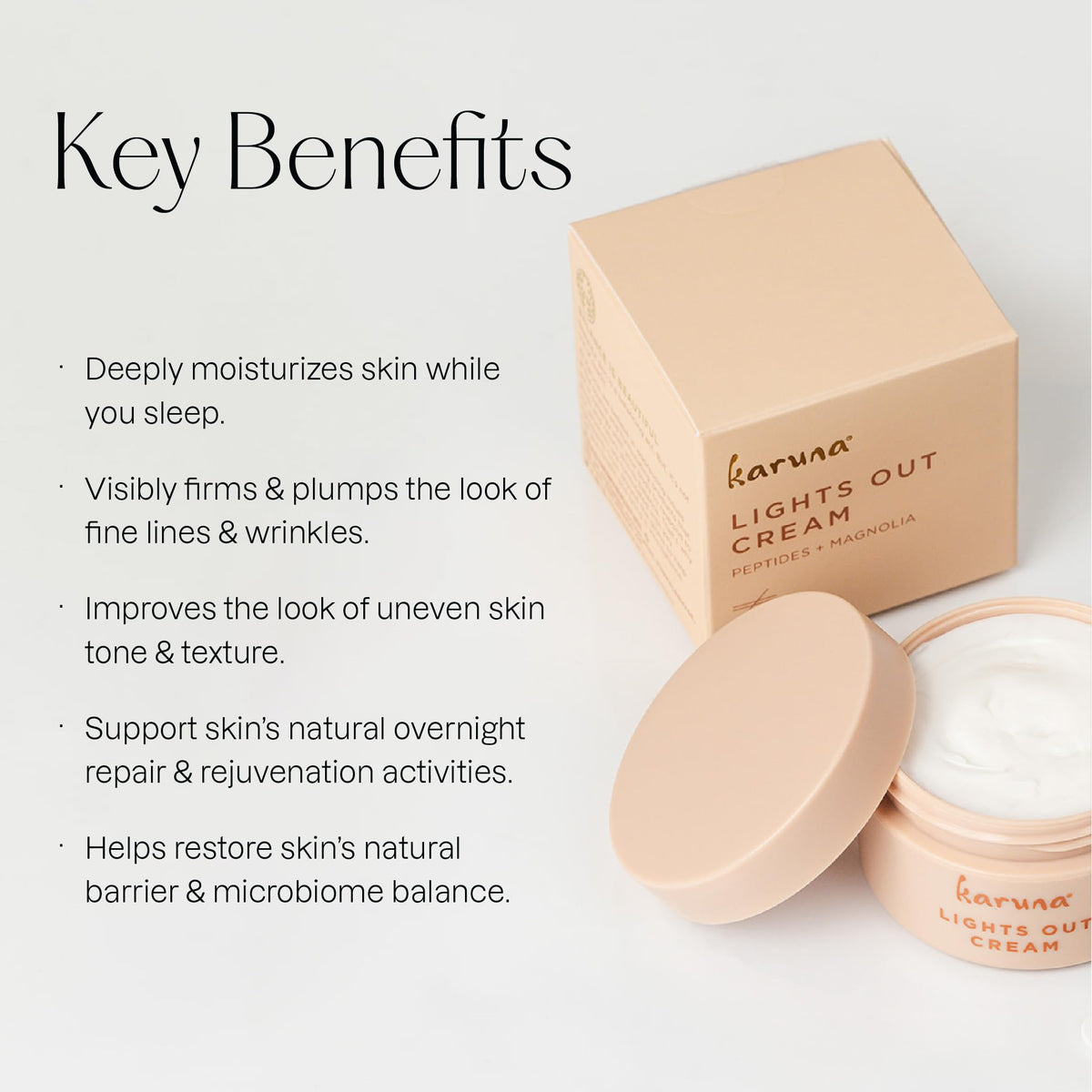 Karuna Lights Out Cream magnolia extract label highlights soothing night care ingredients.