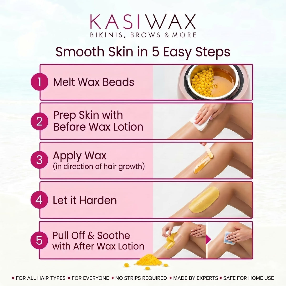 KASIWAX bikini waxing beads offer long-lasting smoothness.