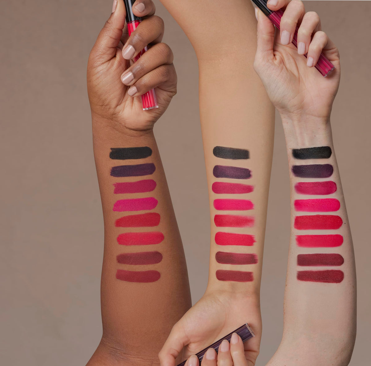 Kat Von D Everlasting Hyperlight Scarlet Pearl shows matte finish on lips with rich pigment