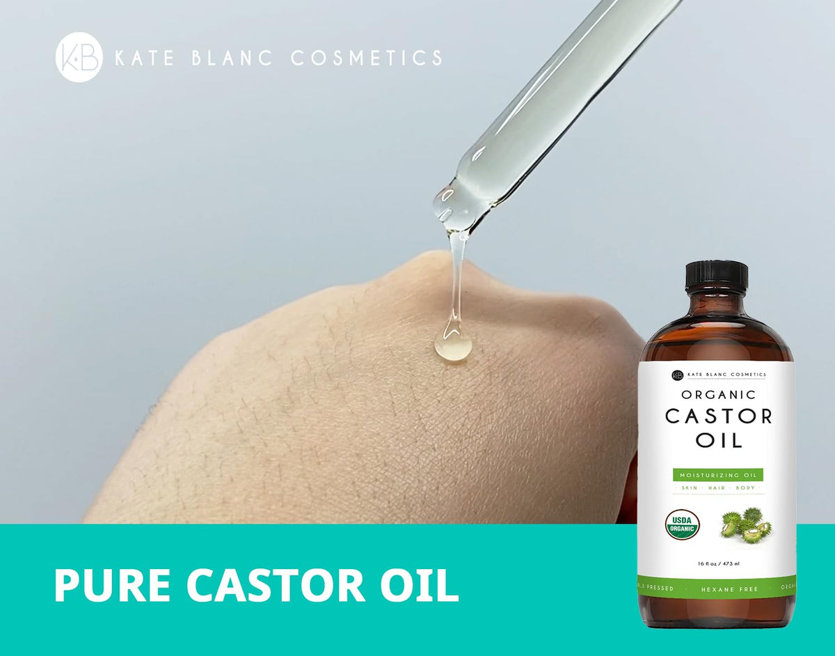 Pouring Kate Blanc castor oil from the bottle for easy lash and brow use