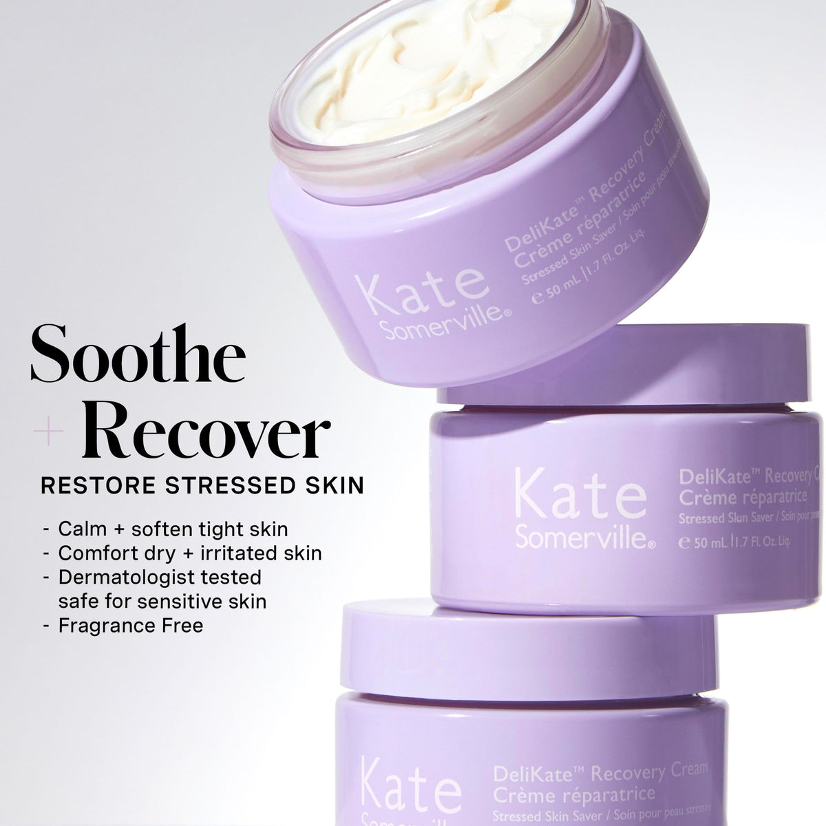 Morning application on face and neck provides daily calm with DeliKate Recovery Cream.