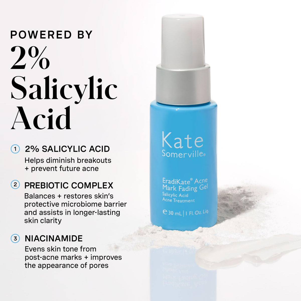 Close-up label of Kate Somerville EradiKate acne gel highlighting salicylic acid action for acne clearing and brightening