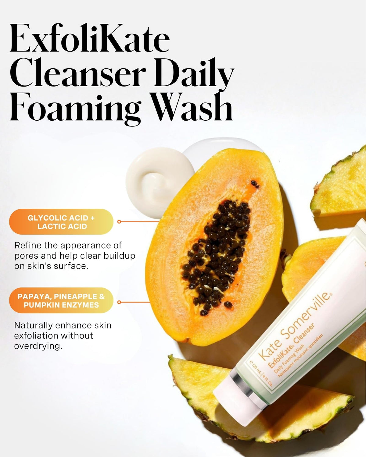 Kate Somerville ExfoliKate Cleanser foaming lather demonstrates fresh, clean skin.