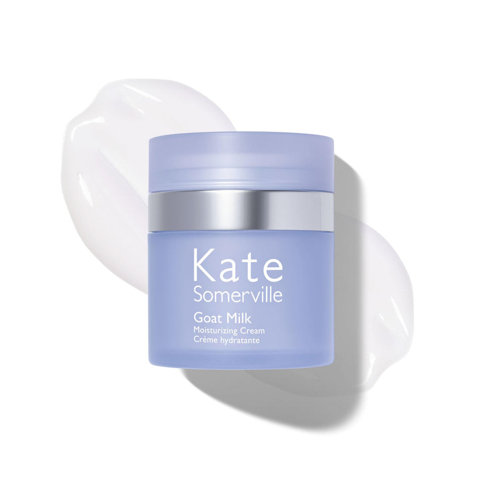 Kate Somerville Goat Milk Moisturizing Cream jar closeup, creamy texture for dry, sensitive skin.