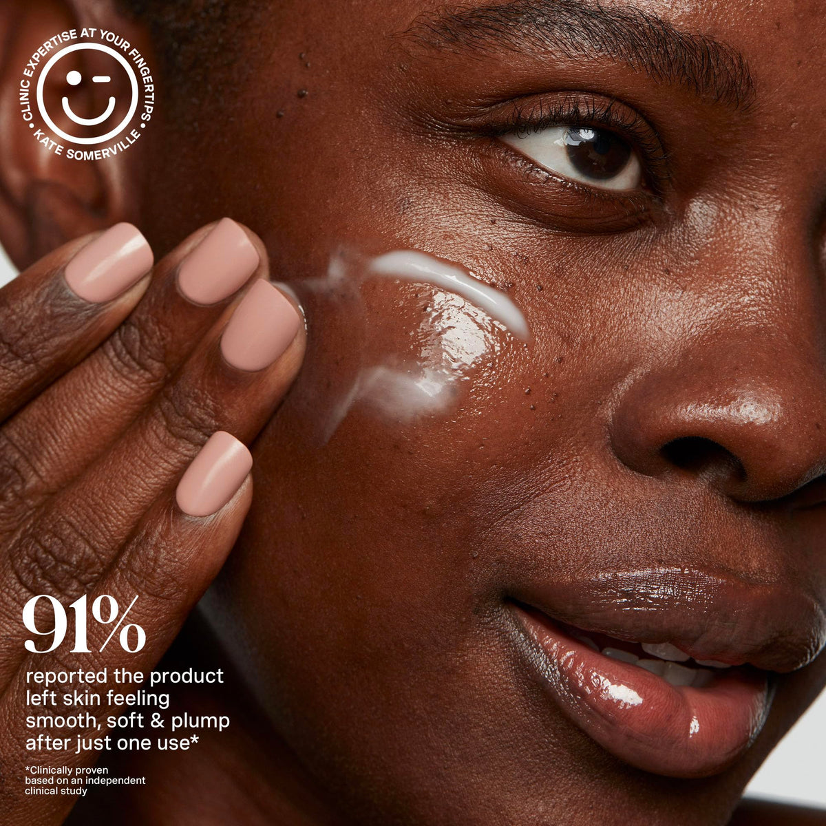 Hyaluronic acid droplets illustrate deep hydration for dry, tired-looking skin.
