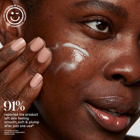 Hyaluronic acid droplets illustrate deep hydration for dry, tired-looking skin.
