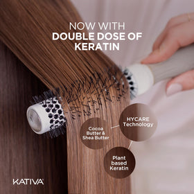 KATIVA heat protectant serum bottle shown to shield during styling.