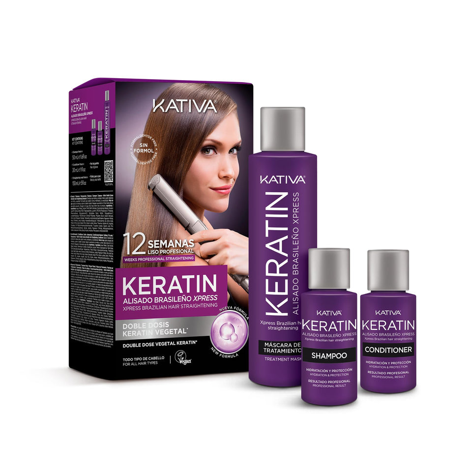 KATIVA Brazilian Keratin Express kit packaging demonstrates an at-home frizz control solution.