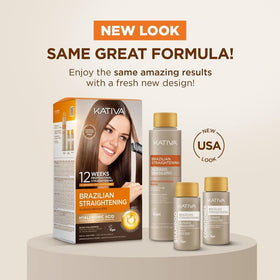 KATIVA Brazilian Straightening Kit closeup highlighting nourishing formula for shine.