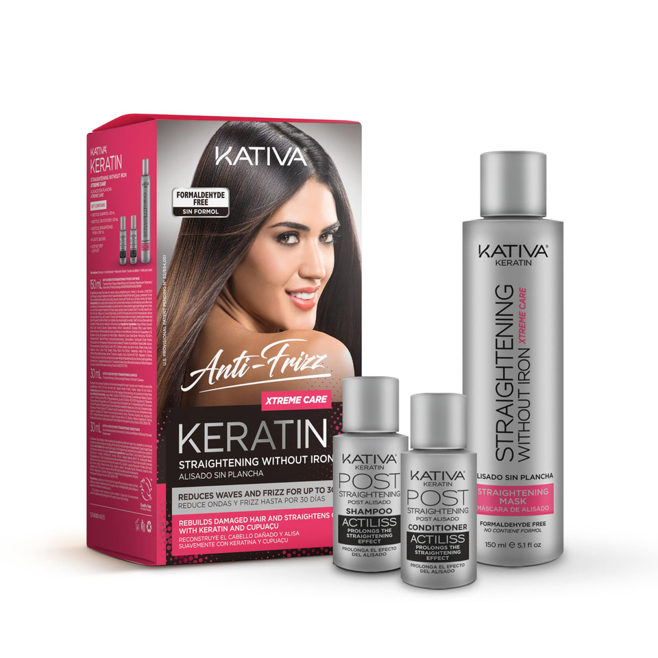 Kativa Xtreme Care kit packaging shown for at-home frizz control and smoothing.