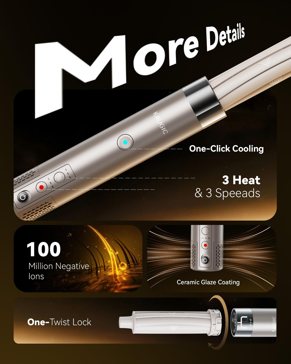KAUGIC 100 million negative ions boost shine and control frizz.