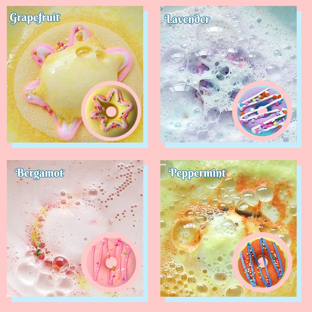 Donut bath bombs fizz in water, delivering a spa-like experience