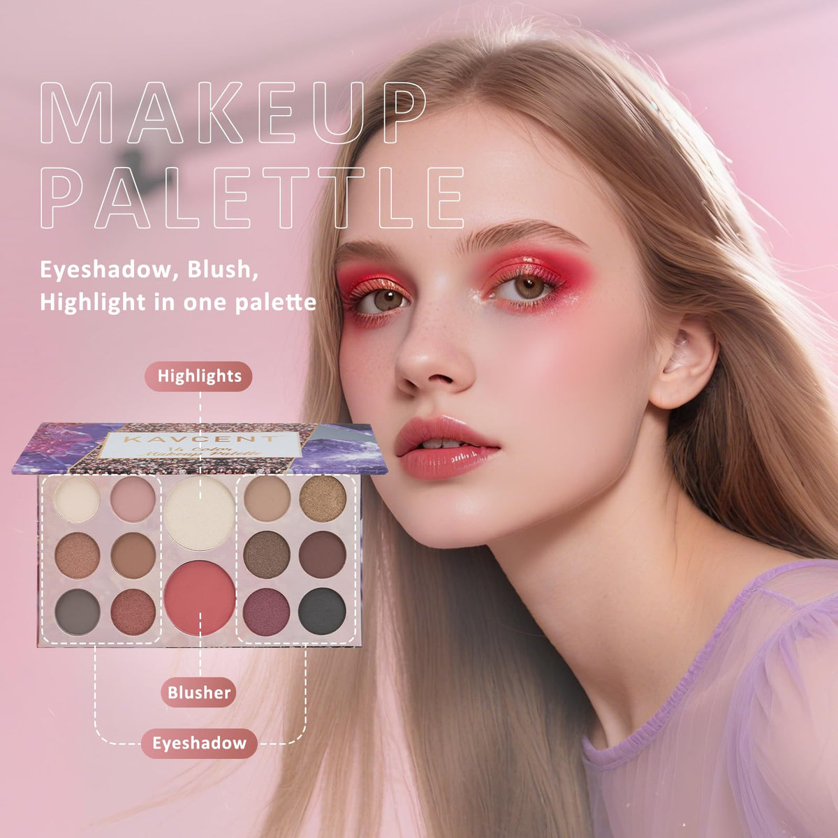 Kavcent eyeshadow palette collection with matte and shimmer shades.