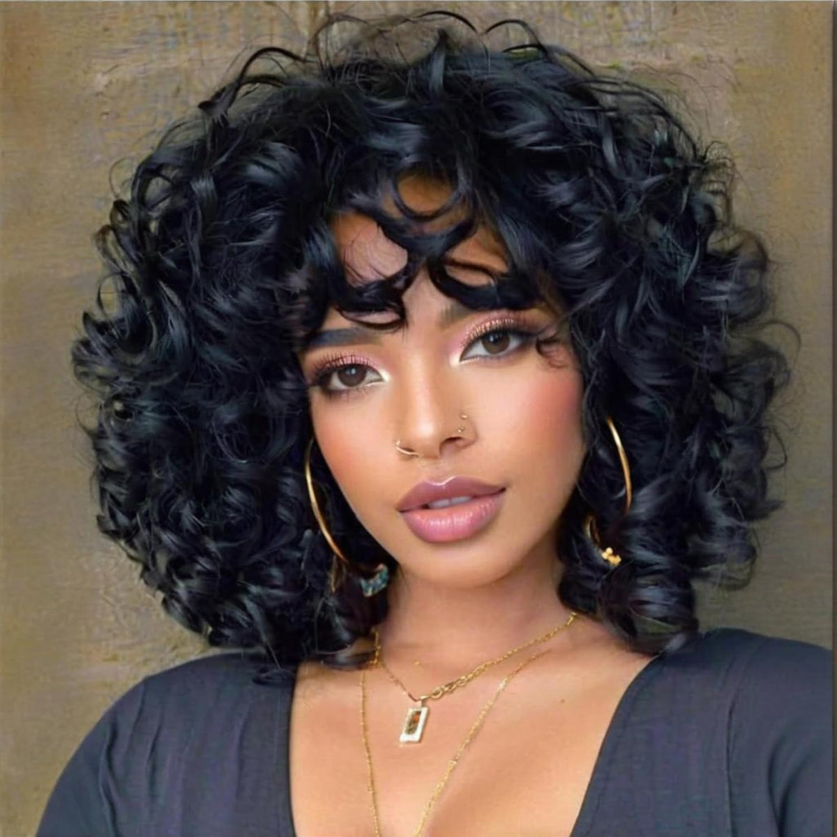 Kavsni short curly wig with bangs for natural daily styling.