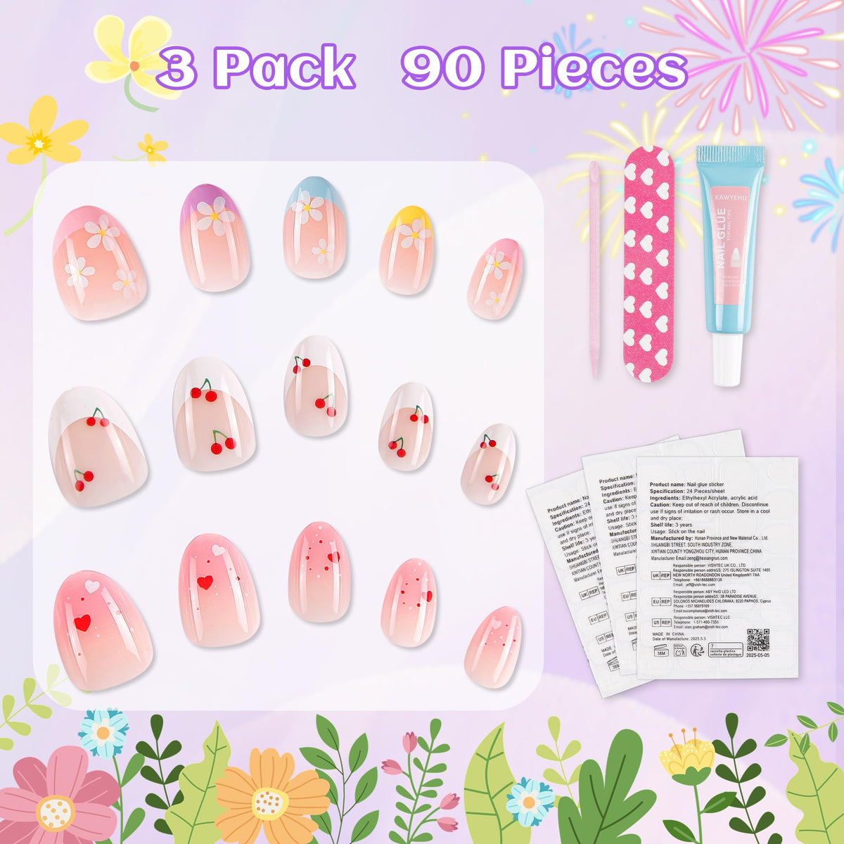 Kawyehu kids press-on nails collection shows patterns for cute pretend-play manicures