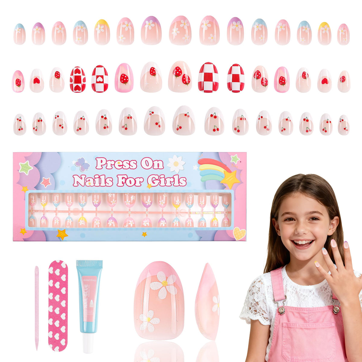 Kawyehu kids press-on nails collection in three styles for quick fashion play.
