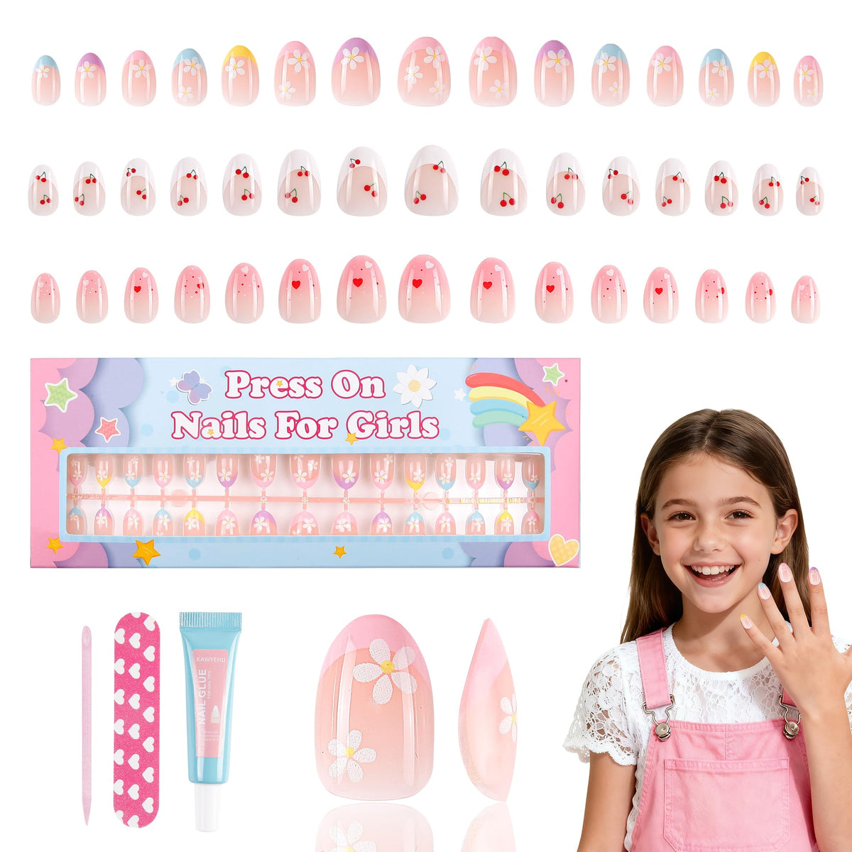 Kawyehu kids press-on nails pack front with colorful styles for at home manicures