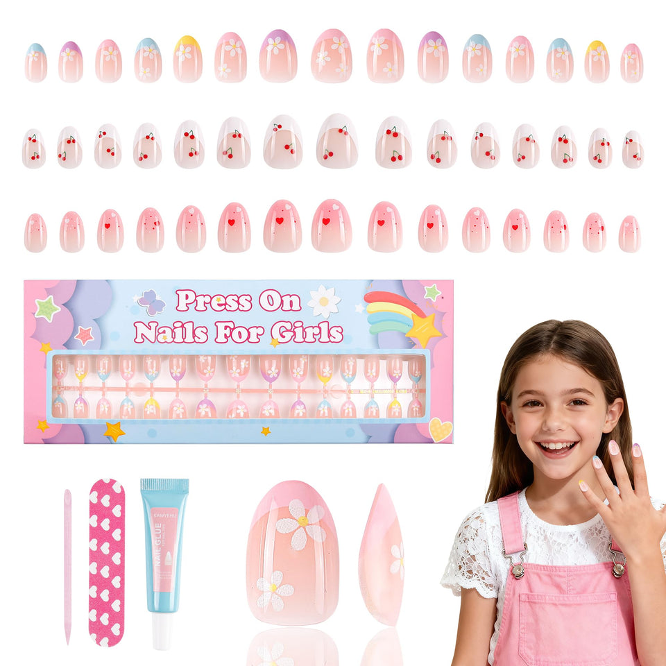 Kawyehu kids press-on nails pack front with colorful styles for at home manicures
