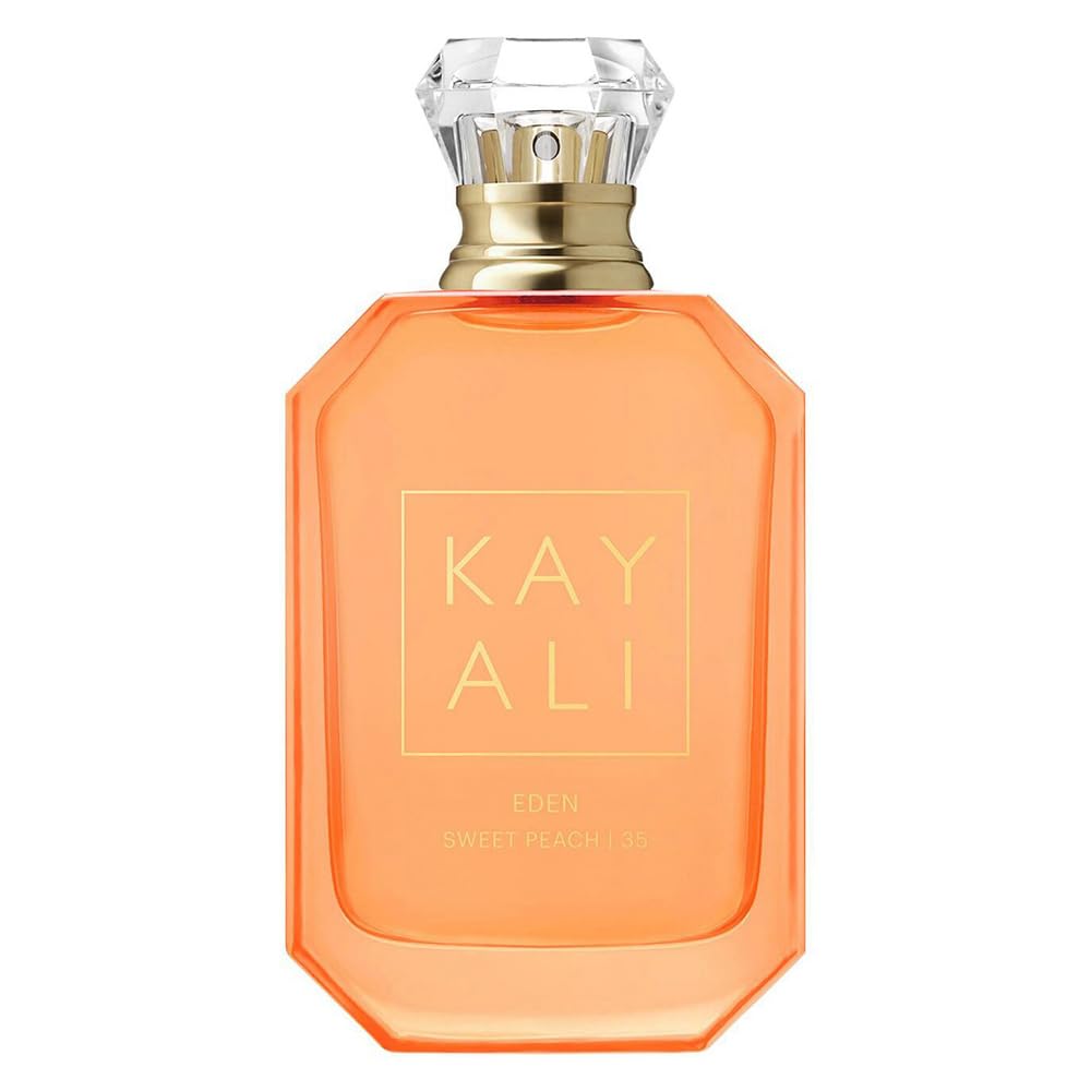 Kayali Eden Sweet Peach 35 bottle close-up, peach-hued glass for long-lasting wear