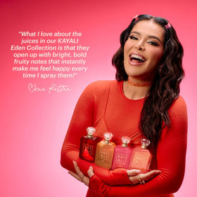 Kayali Eden Sweet Peach bottle close-up, vibrant fruity mood booster.