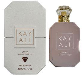 KAYALI Utopia Vanilla Coco bottle front, creamy coconut and vanilla warmth for daily allure.