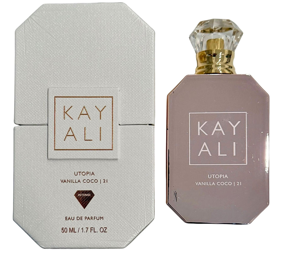 KAYALI Utopia Vanilla Coco bottle front, creamy coconut and vanilla warmth for daily allure.