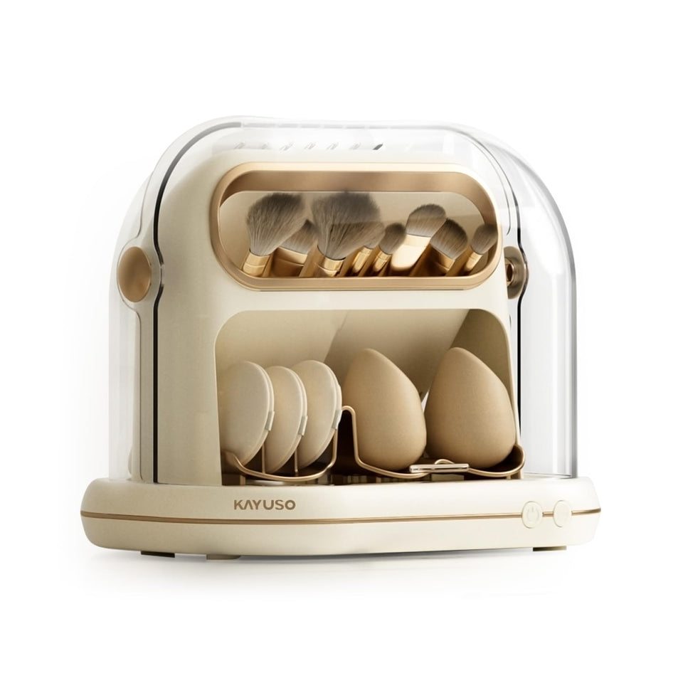 KAYUSO electric makeup brush dryer front view showing compact, organized vanity setup