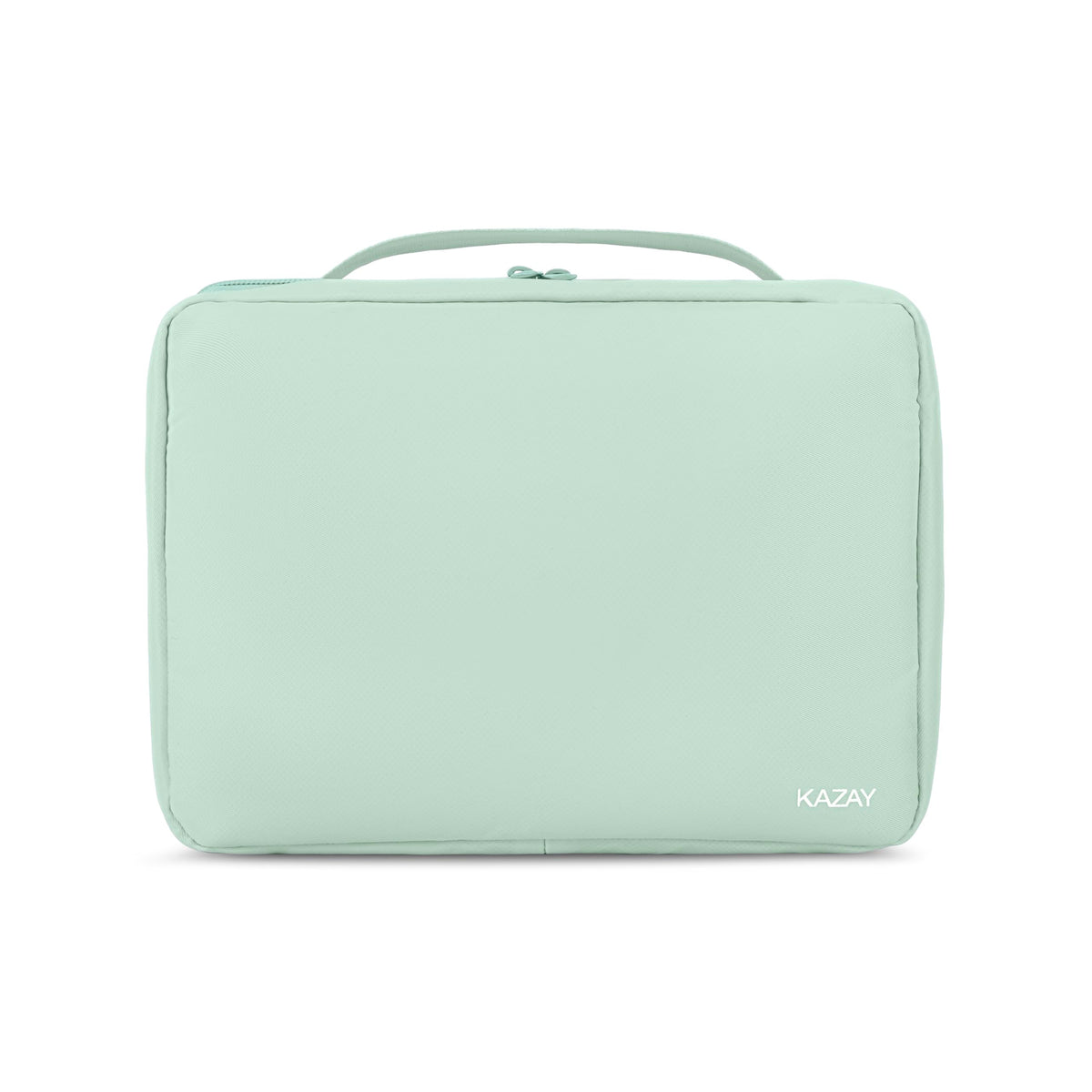 KAZAY hanging toiletry bag full view in sage green showing organized compartments