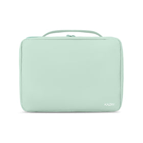 KAZAY hanging toiletry bag full view in sage green showing organized compartments