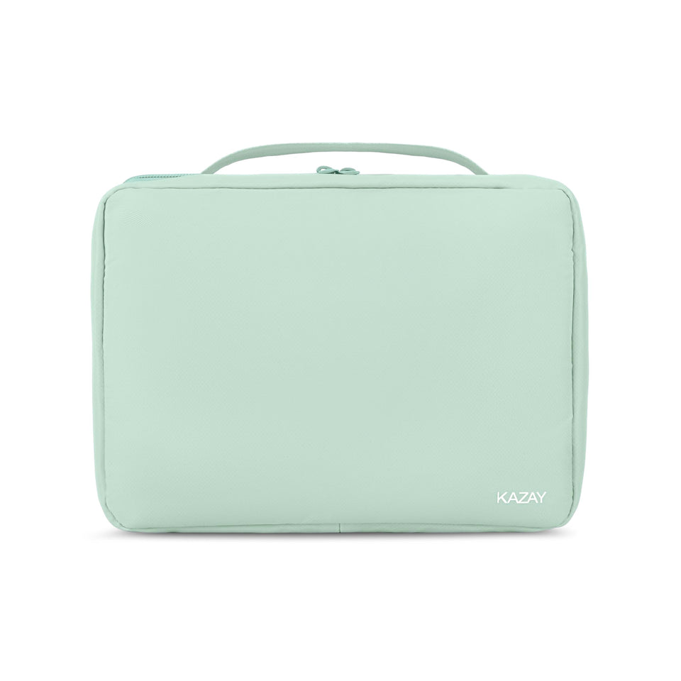 KAZAY hanging toiletry bag full view in sage green showing organized compartments