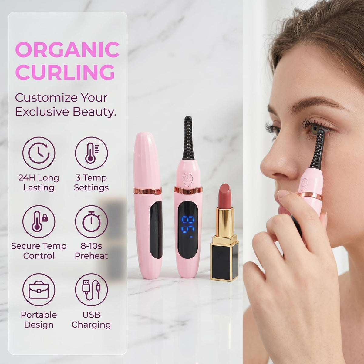 KAZLIE heated eyelash curler with 3 heat settings and LED display for precise control.