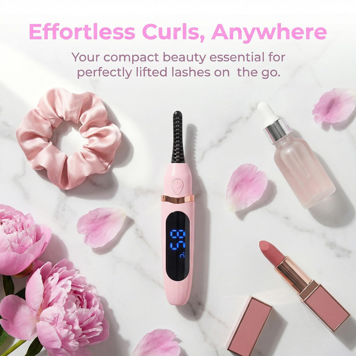 KAZLIE heated eyelash curler in a travel bag for on-the-go touch-ups.