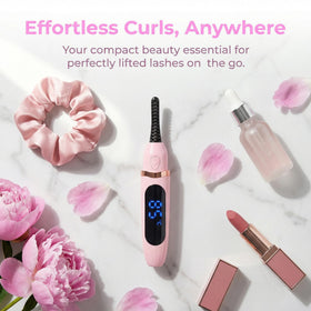 KAZLIE heated eyelash curler in a travel bag for on-the-go touch-ups.