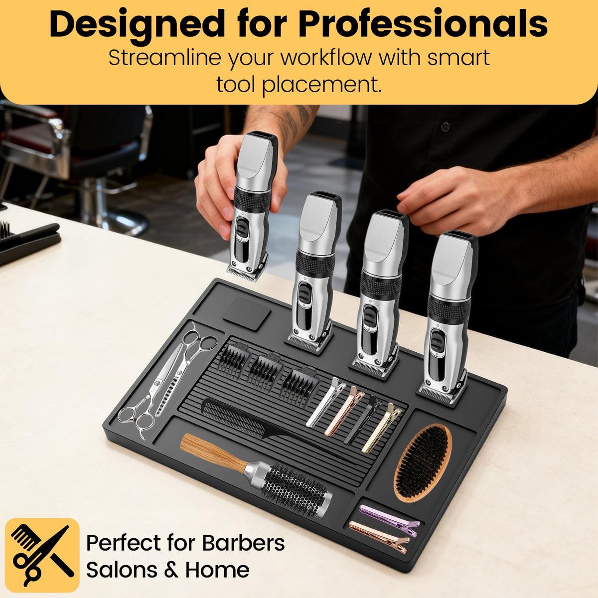 KBVASOTZ magnetic barber mat in use in a busy salon environment