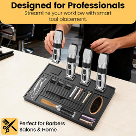 KBVASOTZ magnetic barber mat in use in a busy salon environment