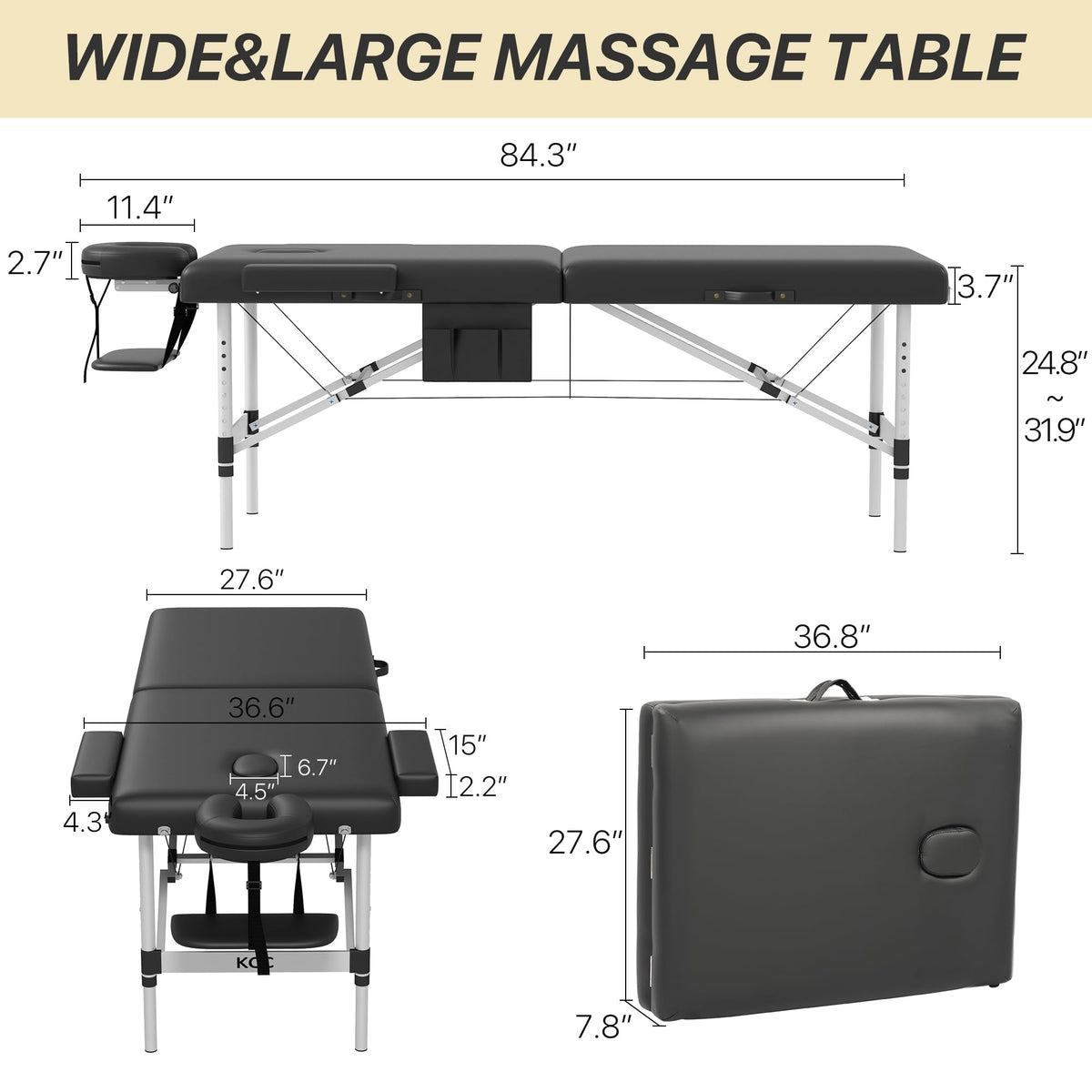 KCC height adjustable legs enable quick setup for different therapists.