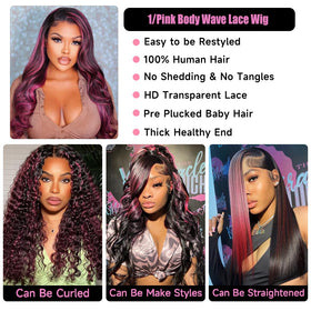 KeaBalo pink-highlight body wave wig, soft texture for daily wear