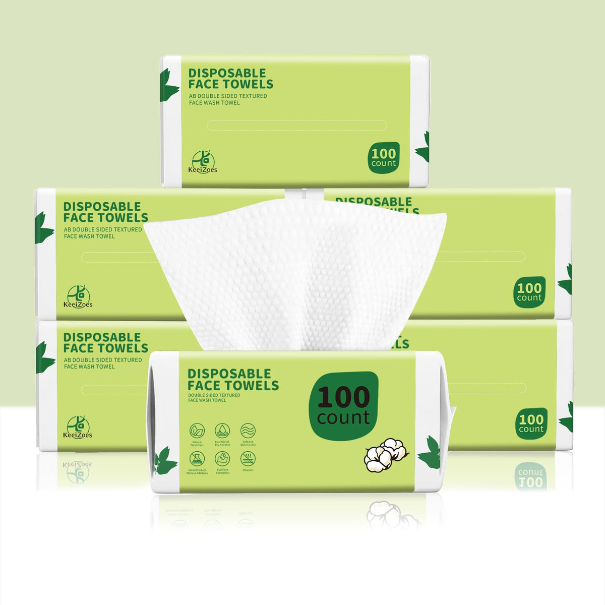 KeeiZoes disposable face towels stacked, ultra-soft for gentle cleansing.