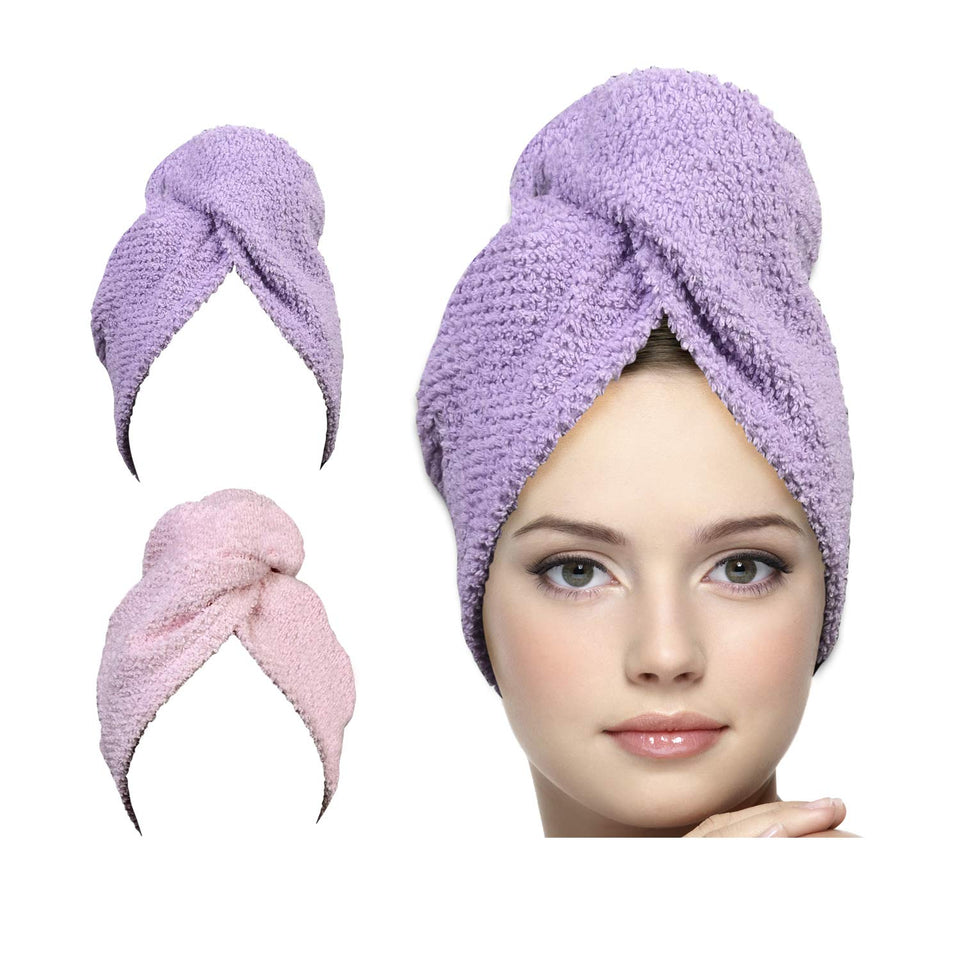 KEEPOZ hair towel wrap in lilac pink check, front view showing generous coverage for quick-dry hair