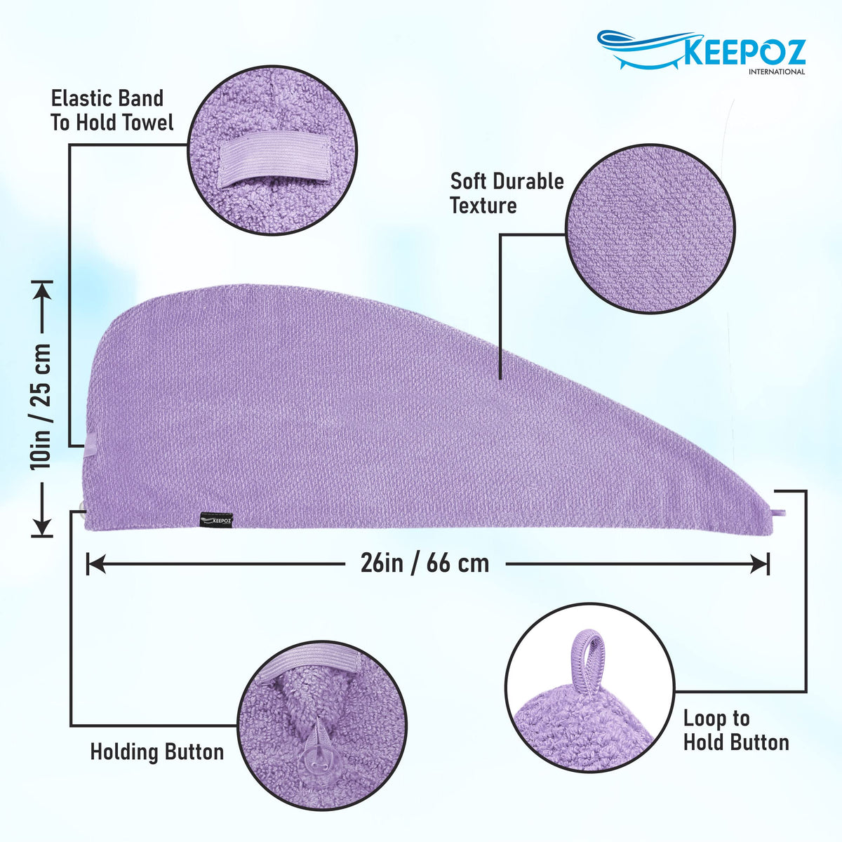 KEEPOZ hair towel wrap on head, demonstrates secure button closure for hands-free styling